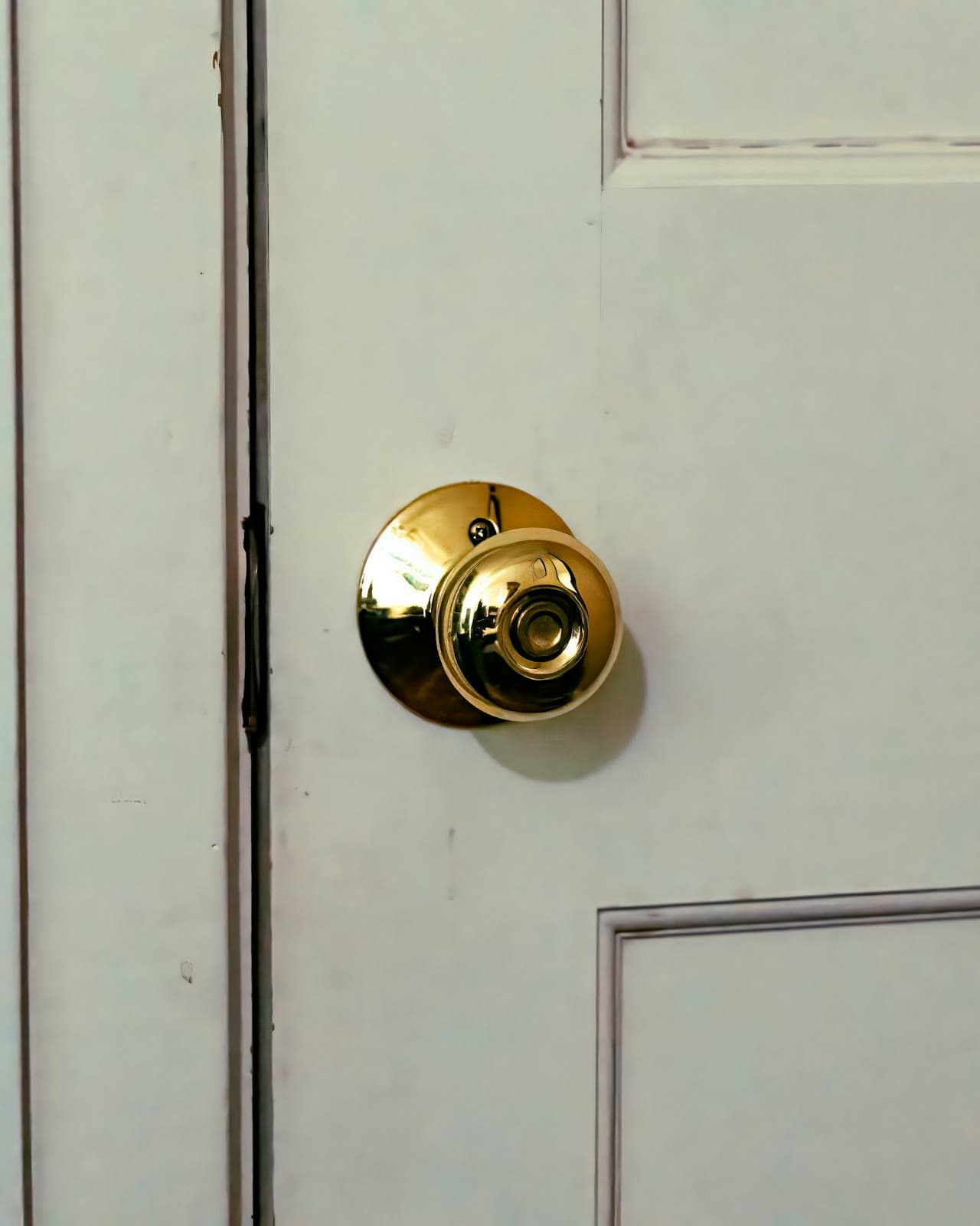 A brass knob on a white panel door